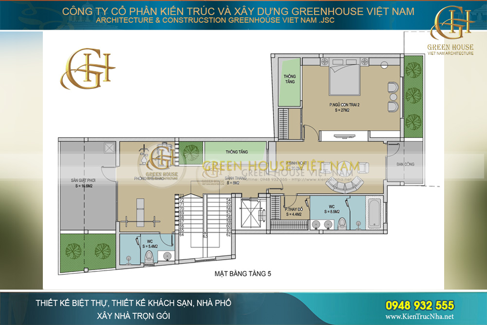 Tầng 5: Phòng ngủ con trai, Phòng tập gym, khu sinh hoạt chung