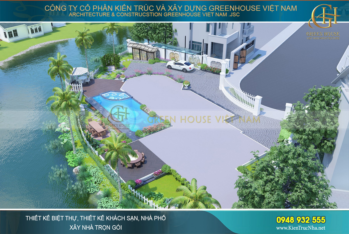 thiết kế sân vườn biệt thự ven sông đẳng cấp