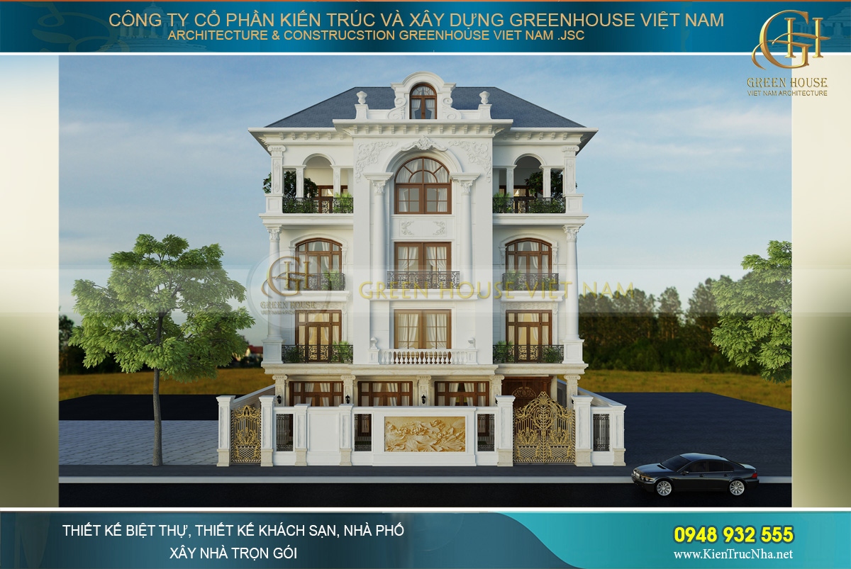 thiết kế biệt thự tân cổ điển sân vườn 4 tầng