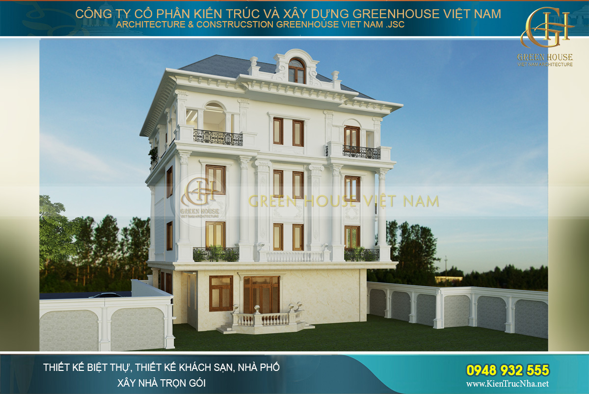 thiết kế biệt thự tân cổ điển sân vườn 4 tầng