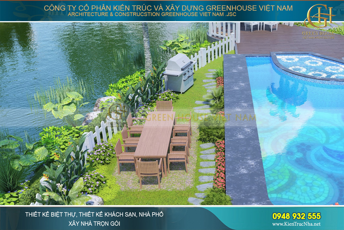 thiết kế sân vườn biệt thự ven sông đẳng cấp