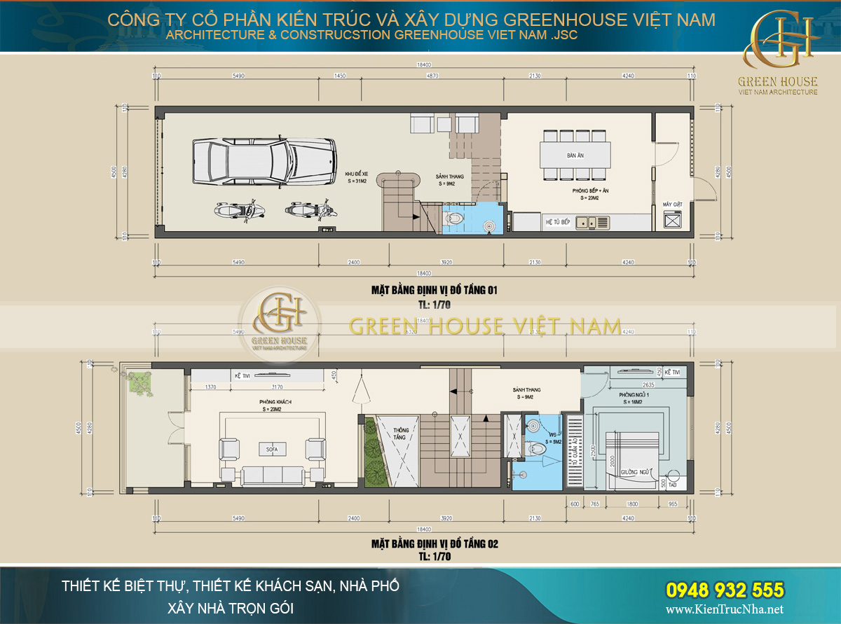 Bố trí công năng tầng 1 và tầng 2 của nhà phố mặt tiền 4.5m