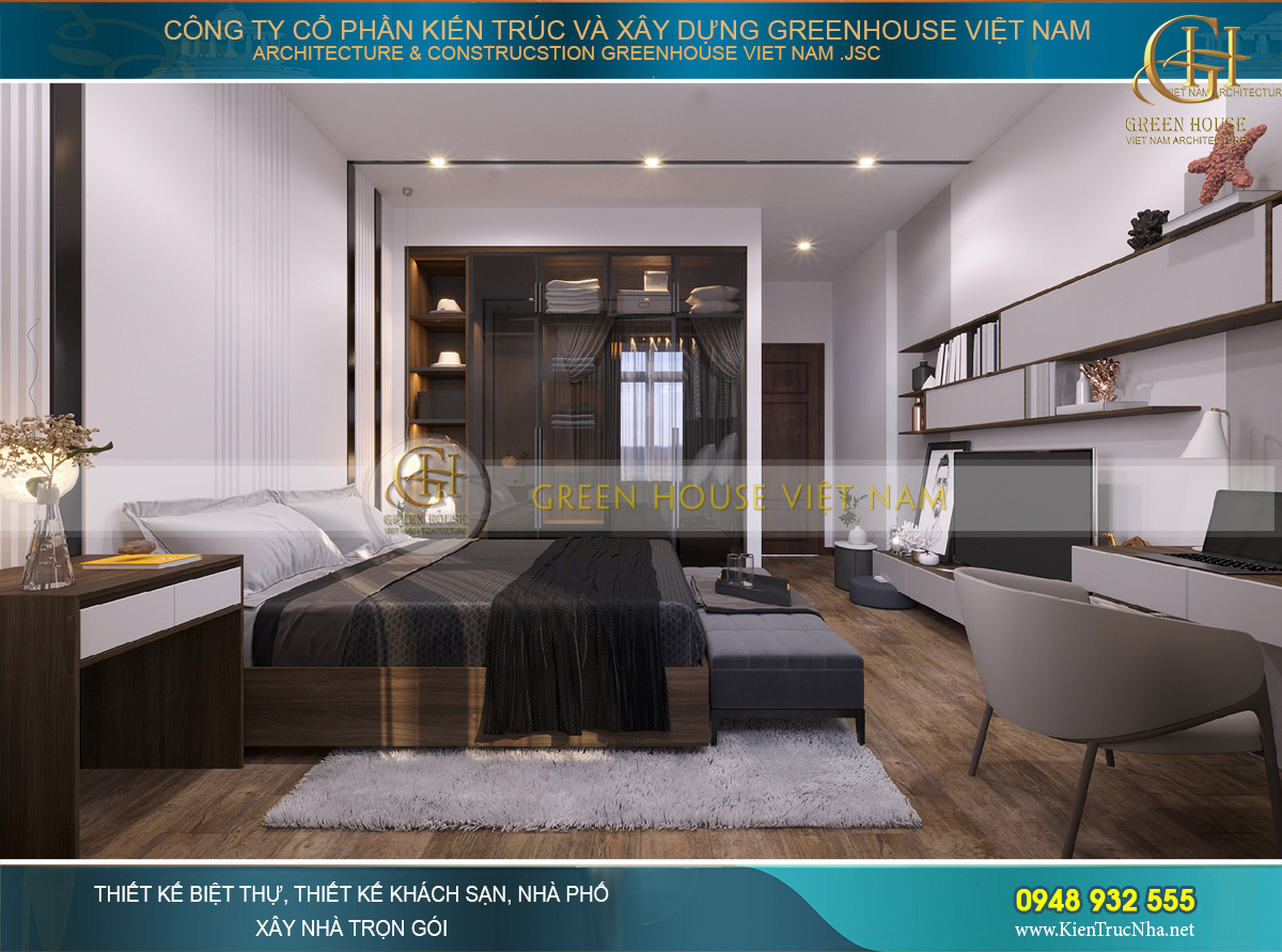 Phòng ngủ này cũng sử dụng chủ yếu đồ nội thất gỗ nhưng tone màu đen trầm hơn hẳn