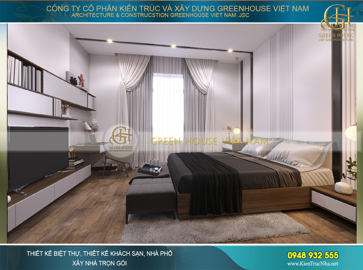 Khung cửa kính lớn và nước sơn tường trắng giúp căn phòng được điều hòa và có điểm nhấn
