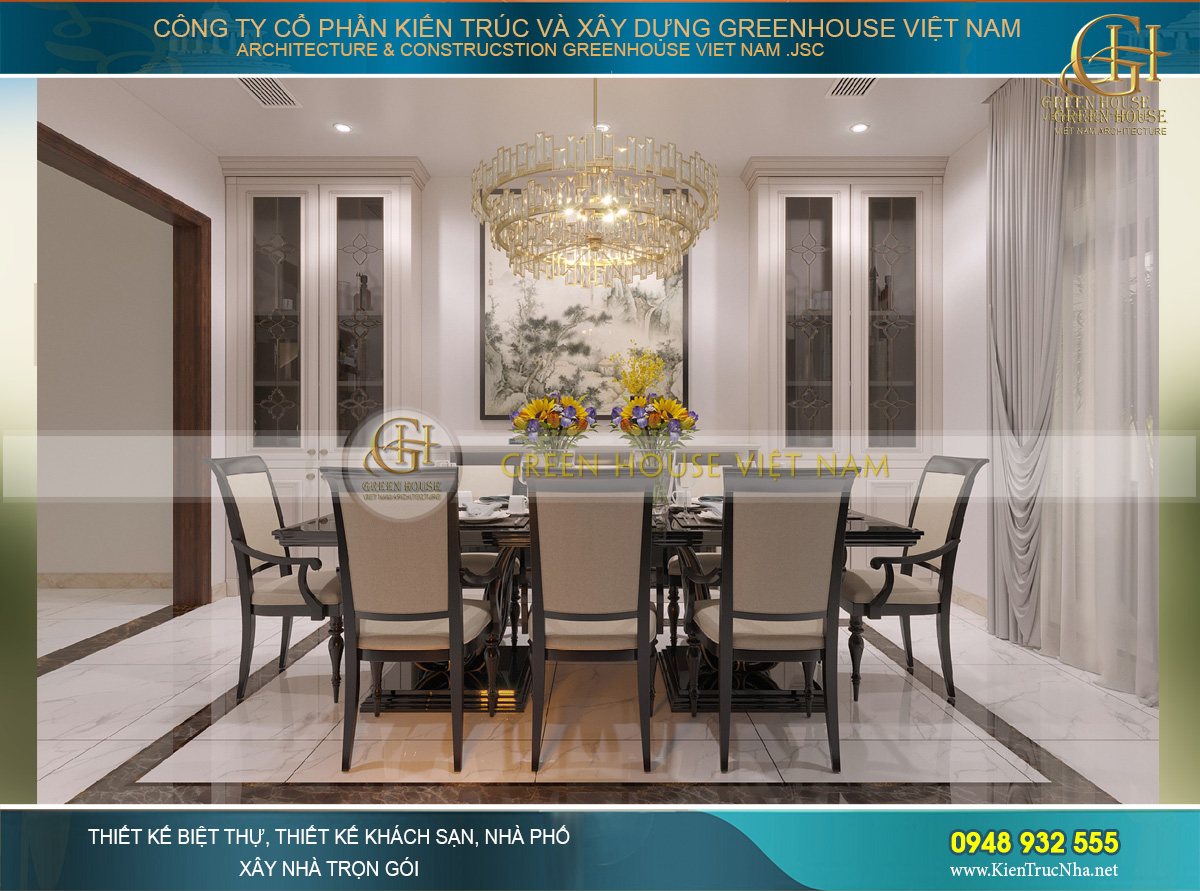 Thiết kế phòng ăn đơn giản với bộ bàn ăn mang hơi hướng tân cổ điển sang trọng