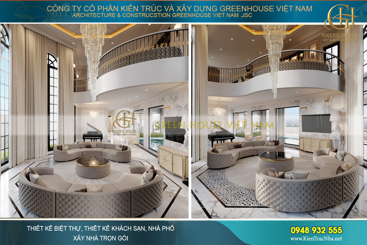 Thiết kế hình tròn khiến phòng khách của biệt thự tân cổ điển tại Vinhomes Hà Nội thêm độc đáo