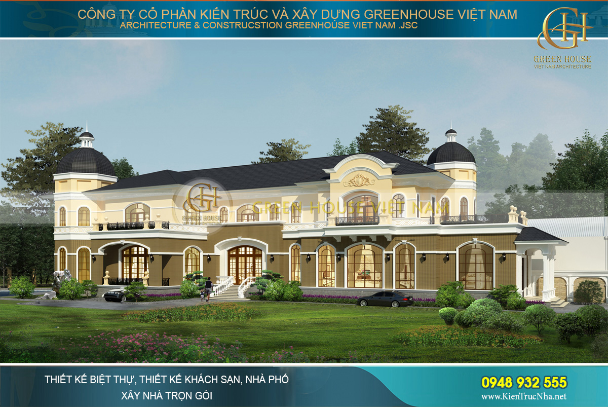 Bản vẽ 3D tổng thể toàn bộ công trình dinh thự 2 tầng tân cổ điển tại Bạc Liêu