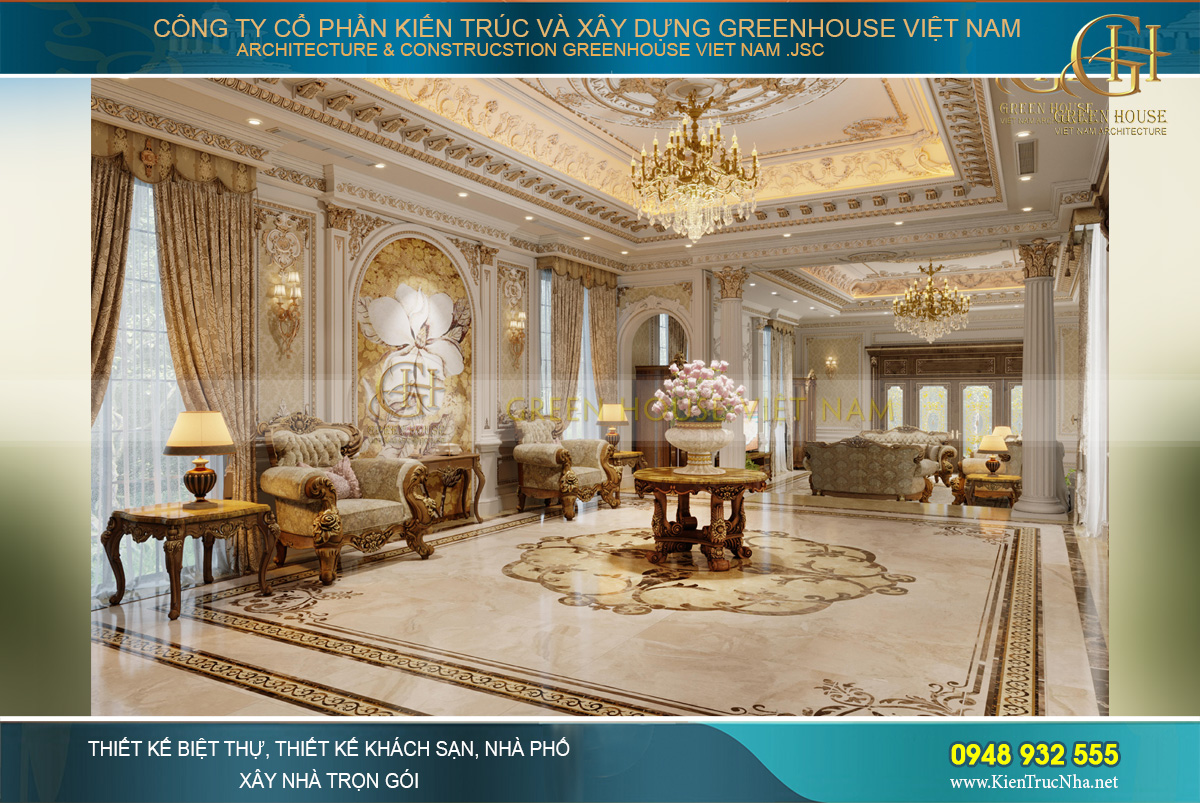 Phía bên trái đại sảnh chính là không gian tiếp khách chính của dinh thự tân cổ điển 2 tầng