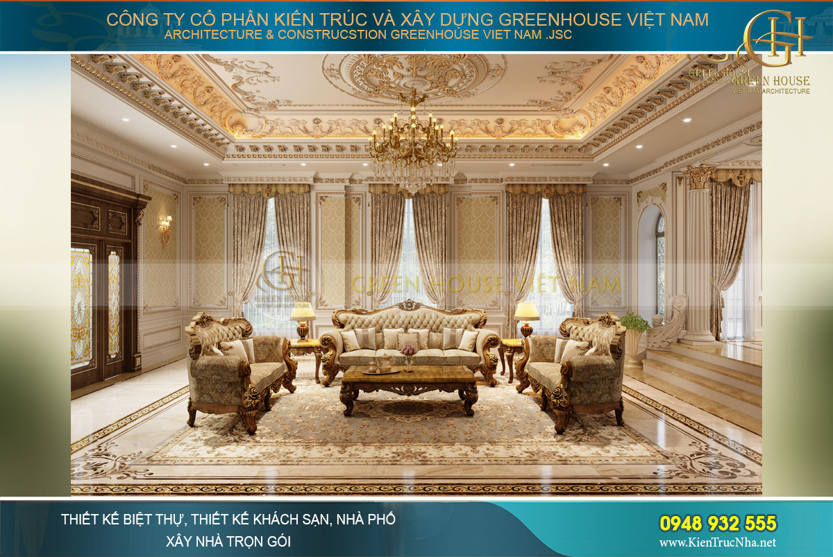 Tổng quát không gian phòng khách của dinh thự 2 tầng tại Bạc Liêu