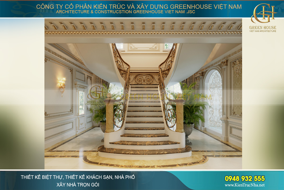 Hệ thống cầu thang bộ được thiết kế với sự uốn cong mềm mại, lát gạch hoa văn cùng tay vịn bằng kim loại vững chãi