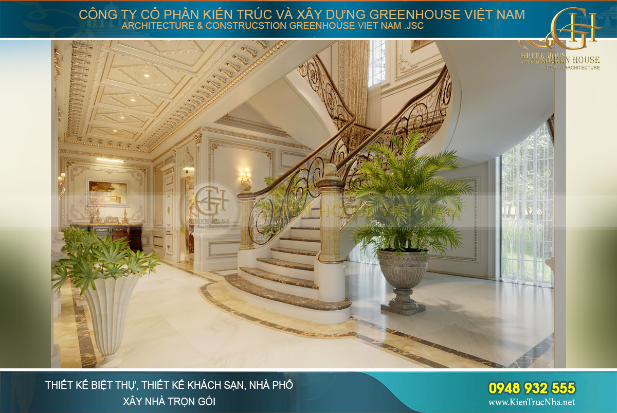Hình dáng cầu thang thiết kế như đôi cánh tỏa rộng, mang phong cách của lâu đài phương Tây