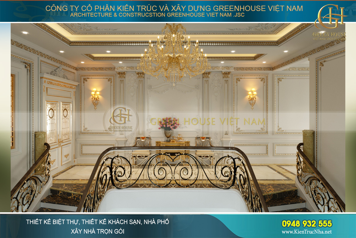 Cầu thang với thiết kế theo hình dáng của đôi cánh dẫn lên tầng 2 của dinh thự