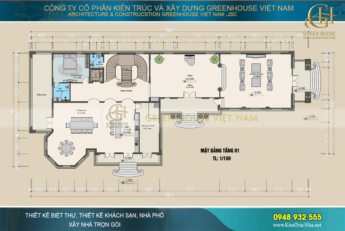 Bố trí công năng tầng 1 của dinh thự tân cổ điển 2 tầng