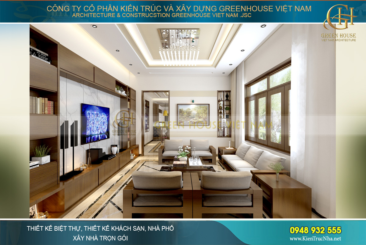 Không gian phòng khách chào đón các vị khách với vẻ đẹp tinh tế, thanh lịch và sang trọng