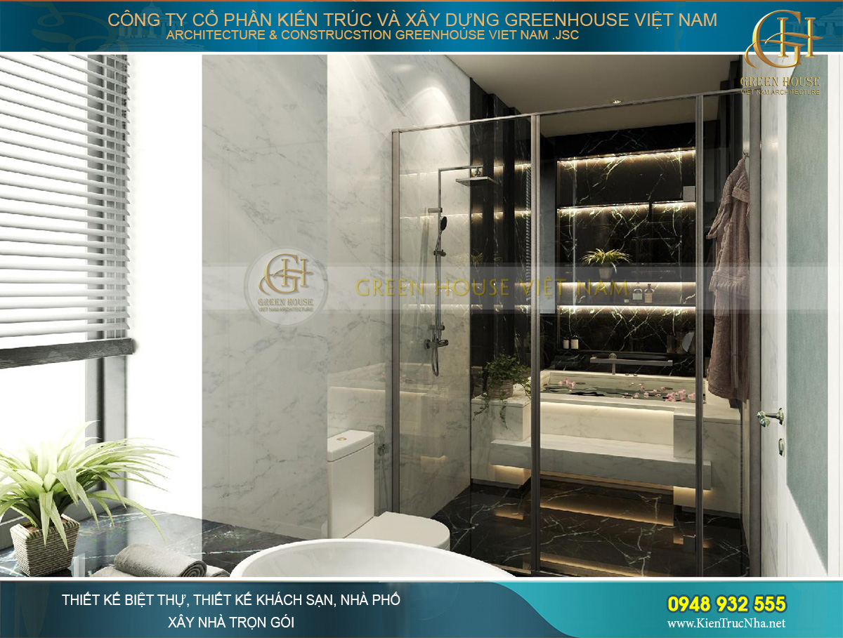 Thiết kế khá đồng bộ với phòng tắm master nhưng được tiết chế hơn bởi diện tích nhỏ