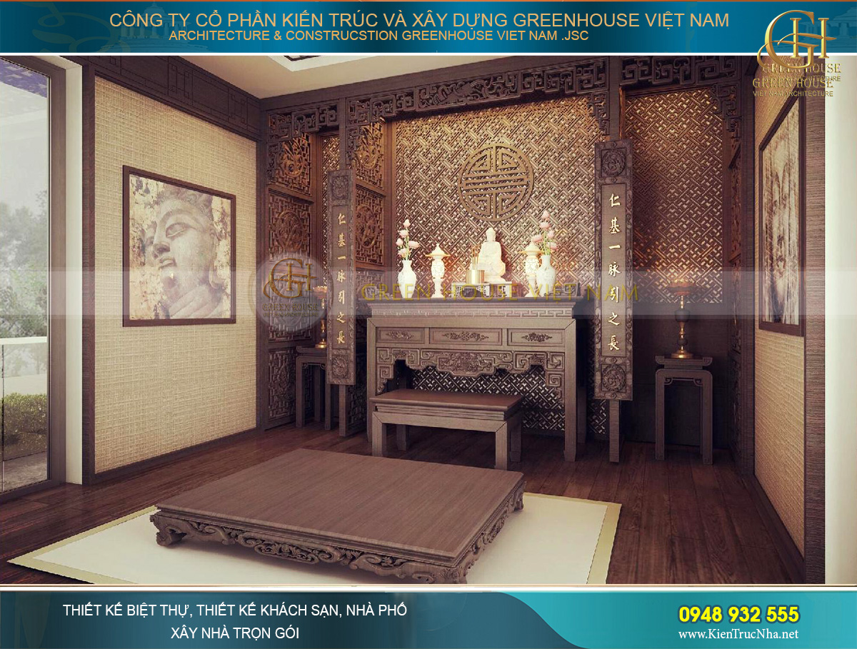 Thiết kế nội thất phòng thờ với gỗ sồi tự nhiên làm chủ đạo