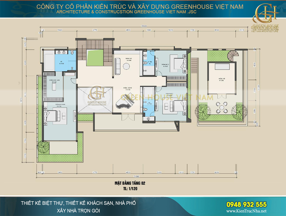 Bố trí công năng tầng 2 biệt thự hiện đại diện tích 460m2