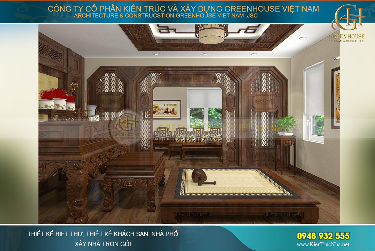 Phòng thờ kết nối với khu vực phòng trà, mang vẻ đẹp truyền thống điển hình
