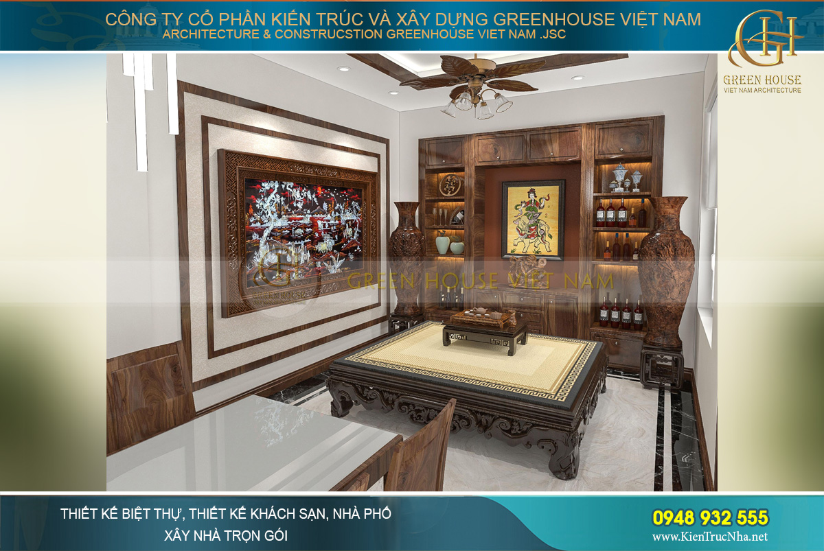 Một sập gỗ lớn cùng tủ tượu, lục bình mang vẻ đẹp truyề n thống đặc trưng của Việt Nam