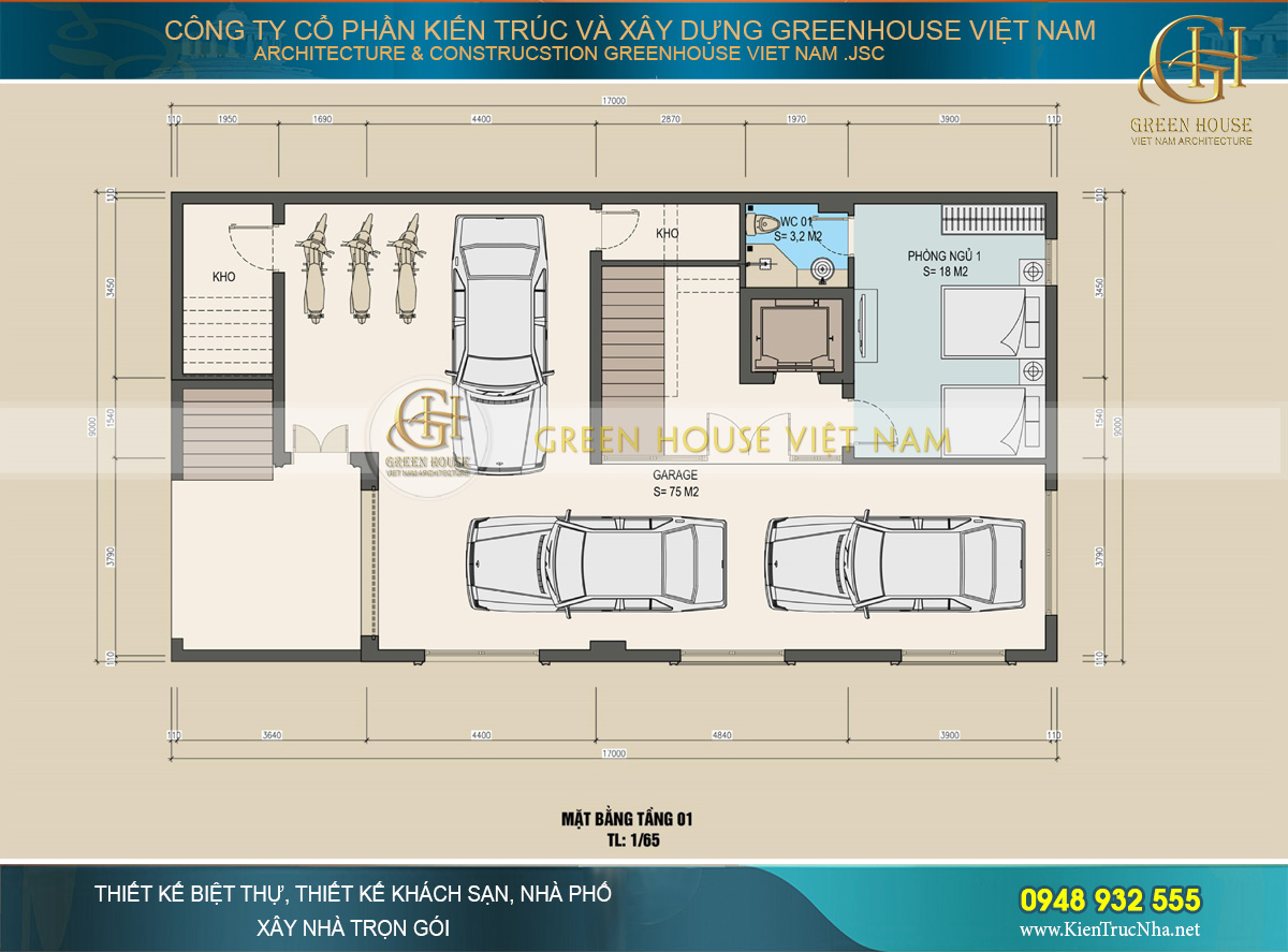 Bản vẽ công năng tầng 1 của biệt thự tân cổ điển 4 tầng