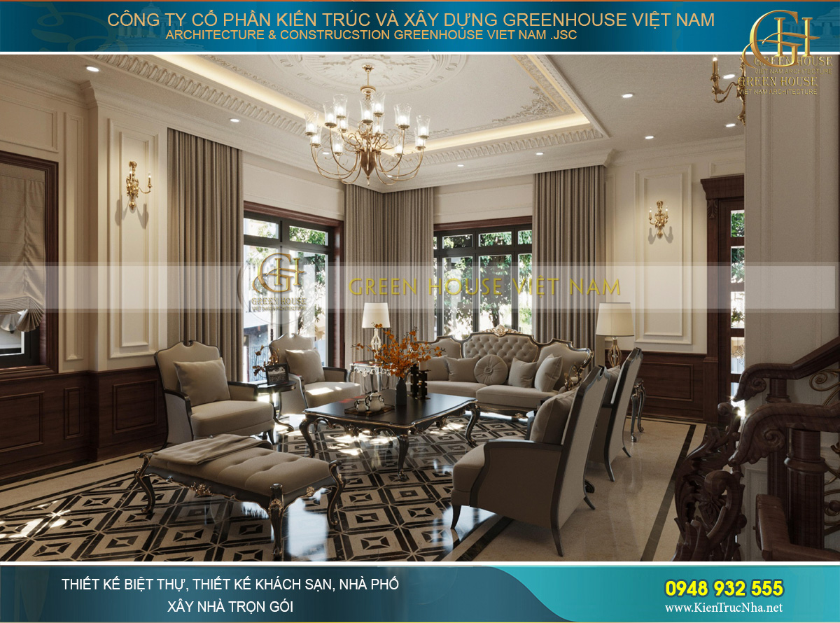 Phòng khách được chiếu sáng bởi các khung tường kính lớn kết hợp rèm cửa đồng màu với nội thất tạo lên sự tinh tế và hoàn hảo