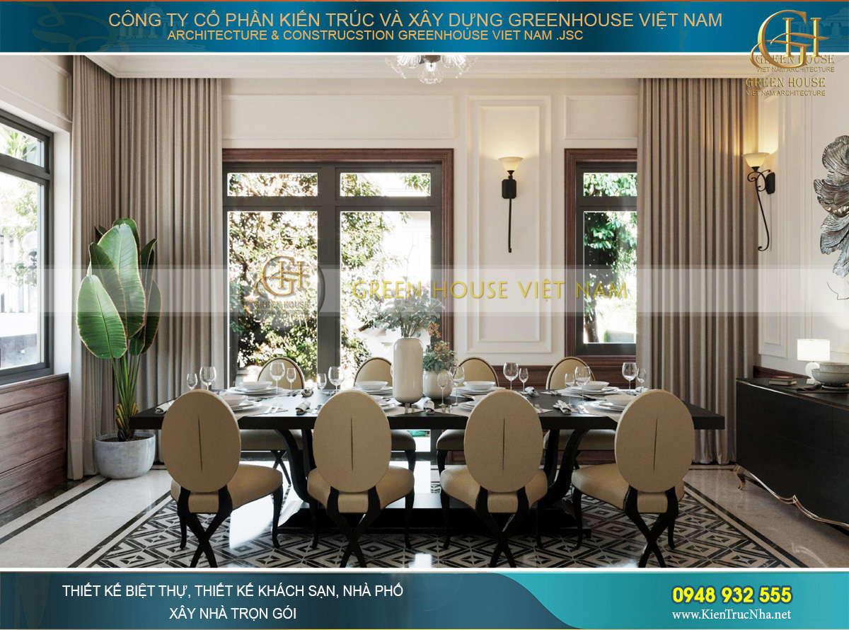 Bộ bàn ăn 8 ghế với thiết kế cách điệu độc đáo là điểm nhấn của phòng ăn