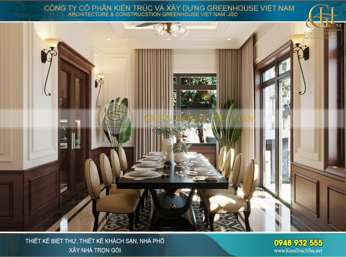 Khôn gian phòng ăn tràn ngập ánh sáng tự nhiên từ những khung cửa sổ lớn