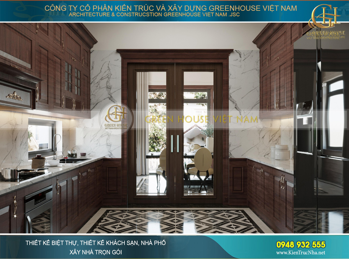 Phòng ăn và phòng bếp được ngăn cách bằng cửa kính để không bay mùi thức ăn hay tiếng ồn ra ngoài