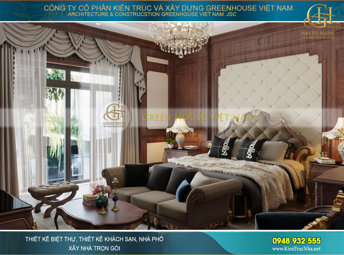 Thiết kế nội thất phòng ngủ Luxury sử dụng các gam màu đậm trên chất liệu nhung, nỉ và gỗ làm bật lên sự đẳng cấp, xa hoa nhất