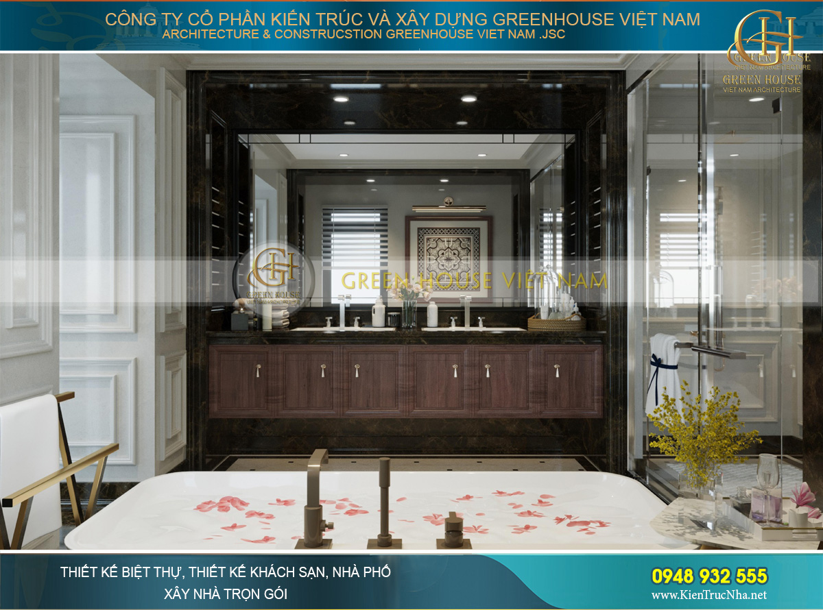 Phòng tắm được thiết kế với vẻ đẹp nghệ thuật không hề thua kém các không gian chính khác