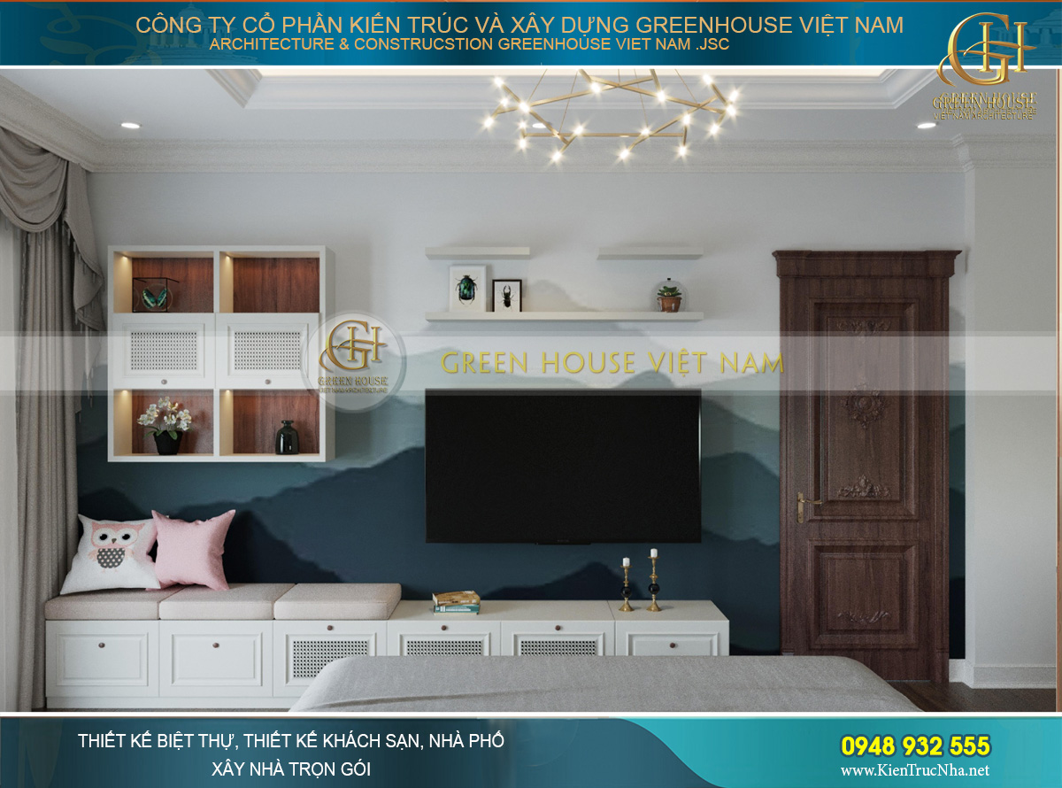 Khu vực kệ TV kết hợp ghế nghỉ cho con trai thư giãn, đọc sách