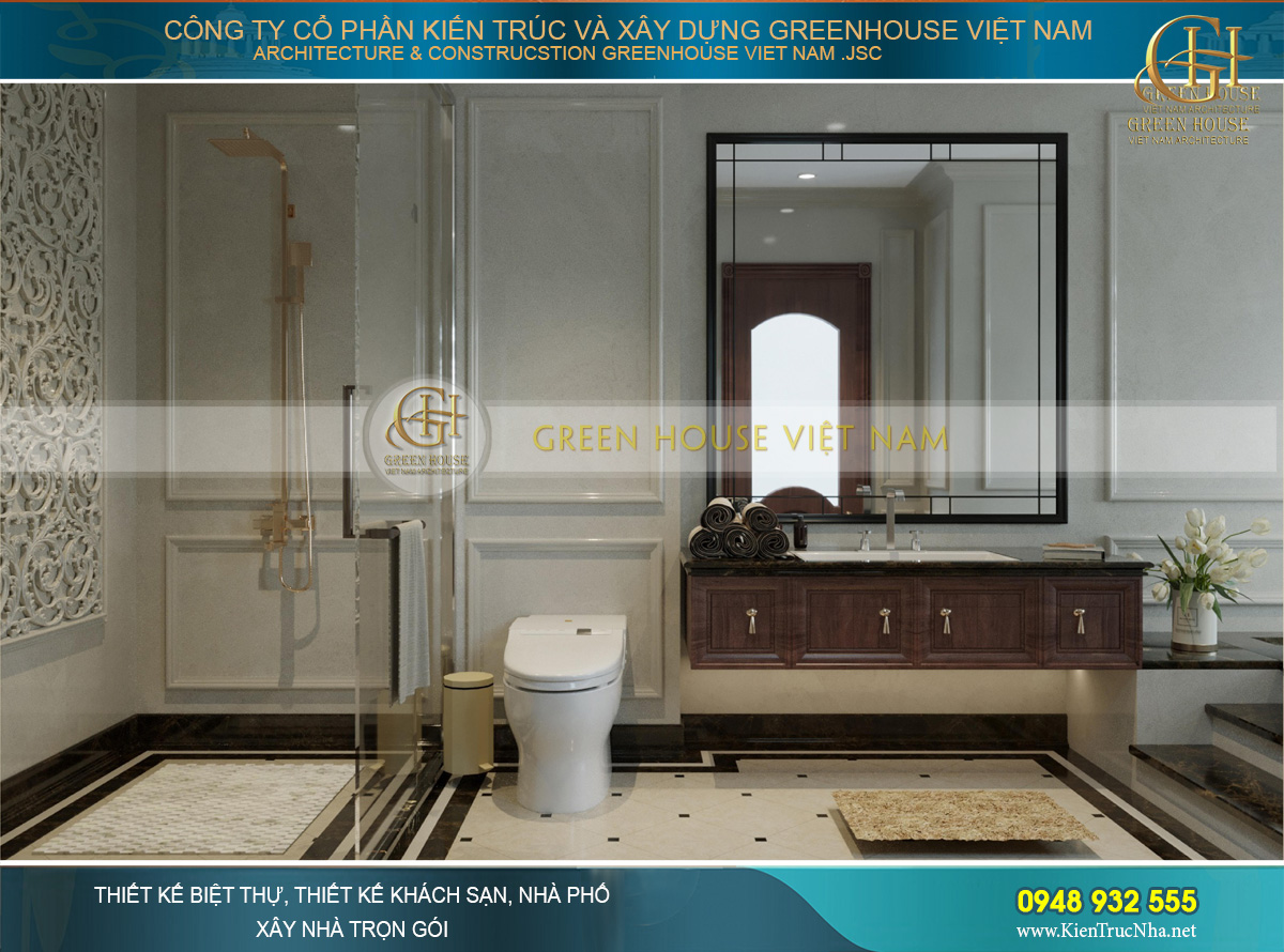 Phòng tắm của phòng ngủ con gái với thiết kế khá tương đồng, đơn giản và dịu dàng