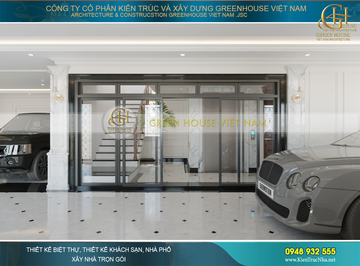 Bên trong là khu vực sảnh thang bộ, thang máy và phòng ngủ của giúp việc