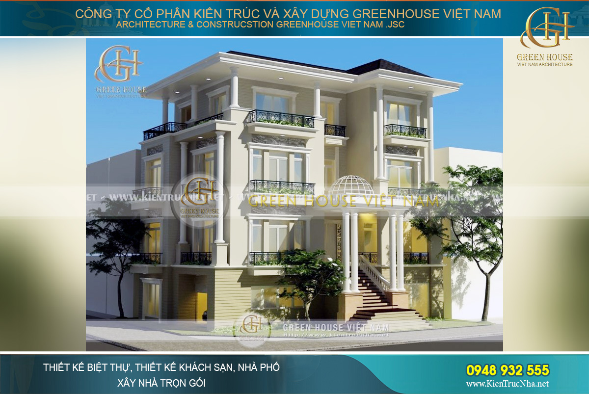 Phối cảnh mặt tiền sang trọng, đẳng cấp của biệt thự tân cổ điển 4 tầng tại Hà Nội