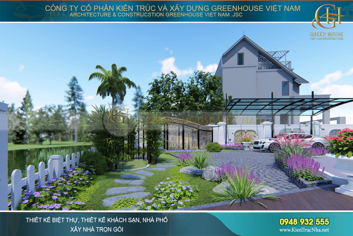 Phối cảnh sân vườn còn có 1 khu vực mái che bằng kính để oto ngoài trời