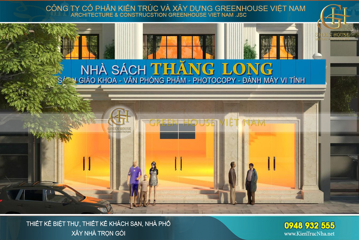 Thiết kế nhà phố 4 tầng tân cổ điển kết hợp kinh doanh sách đẹp, độc đáo