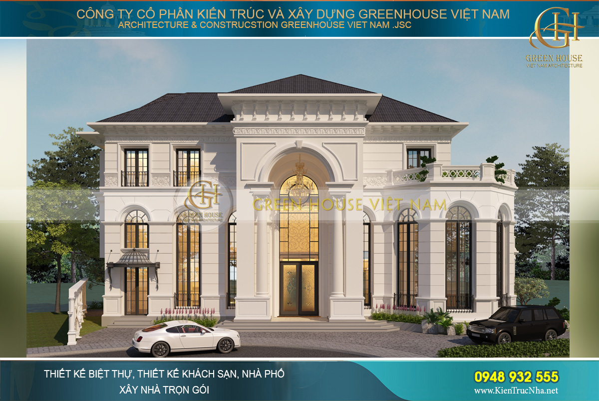 Phối cảnh mặt tiền của biệt thự tân cổ điển phong cách châu Âu tại Vinhomes Riverside Hà Nội