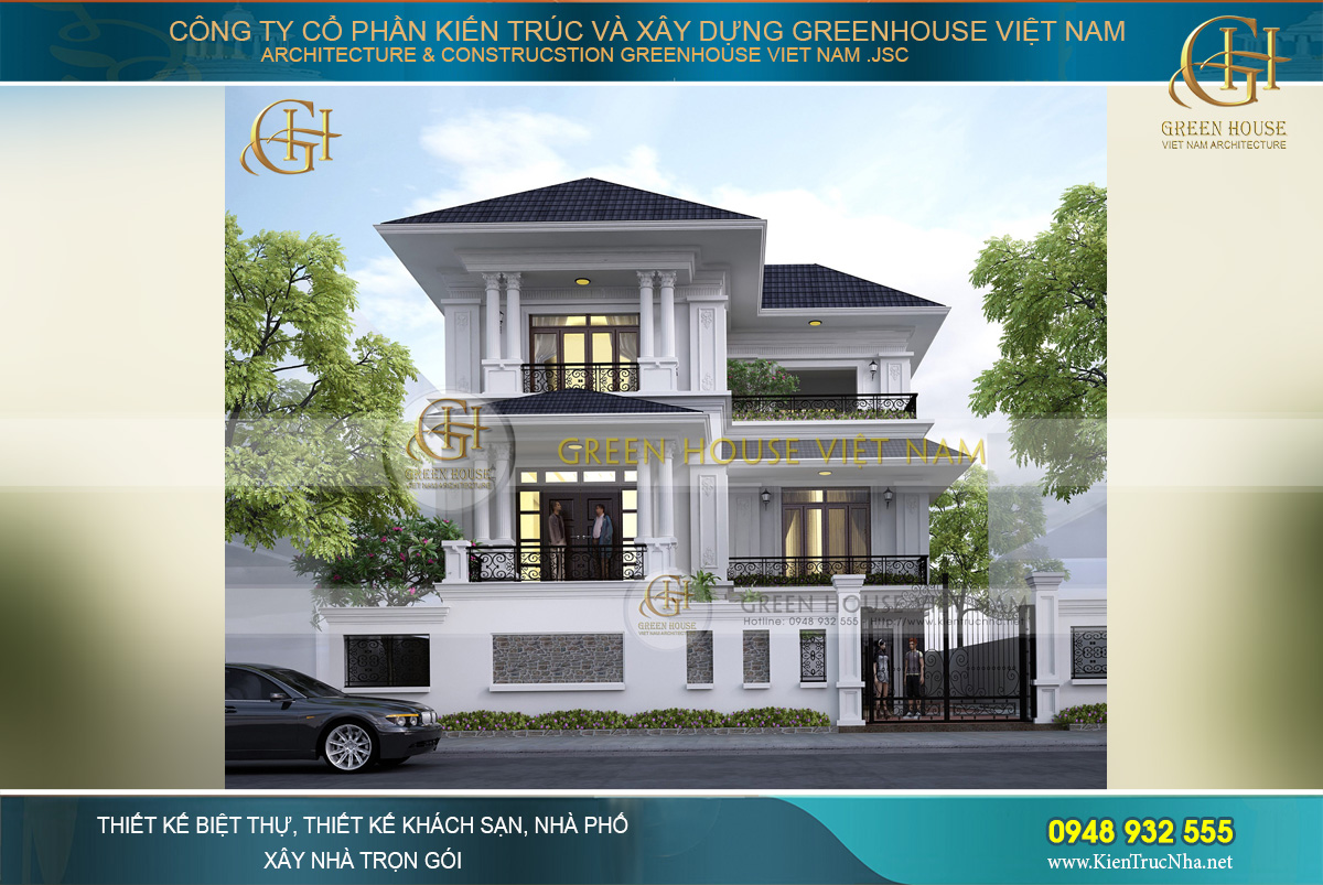 Màu sắc được kết hợp một cách tinh tế với thiết kế cổng, ban công sắt sơn đen ăn khớp hoàn hảo với nền tường trắng