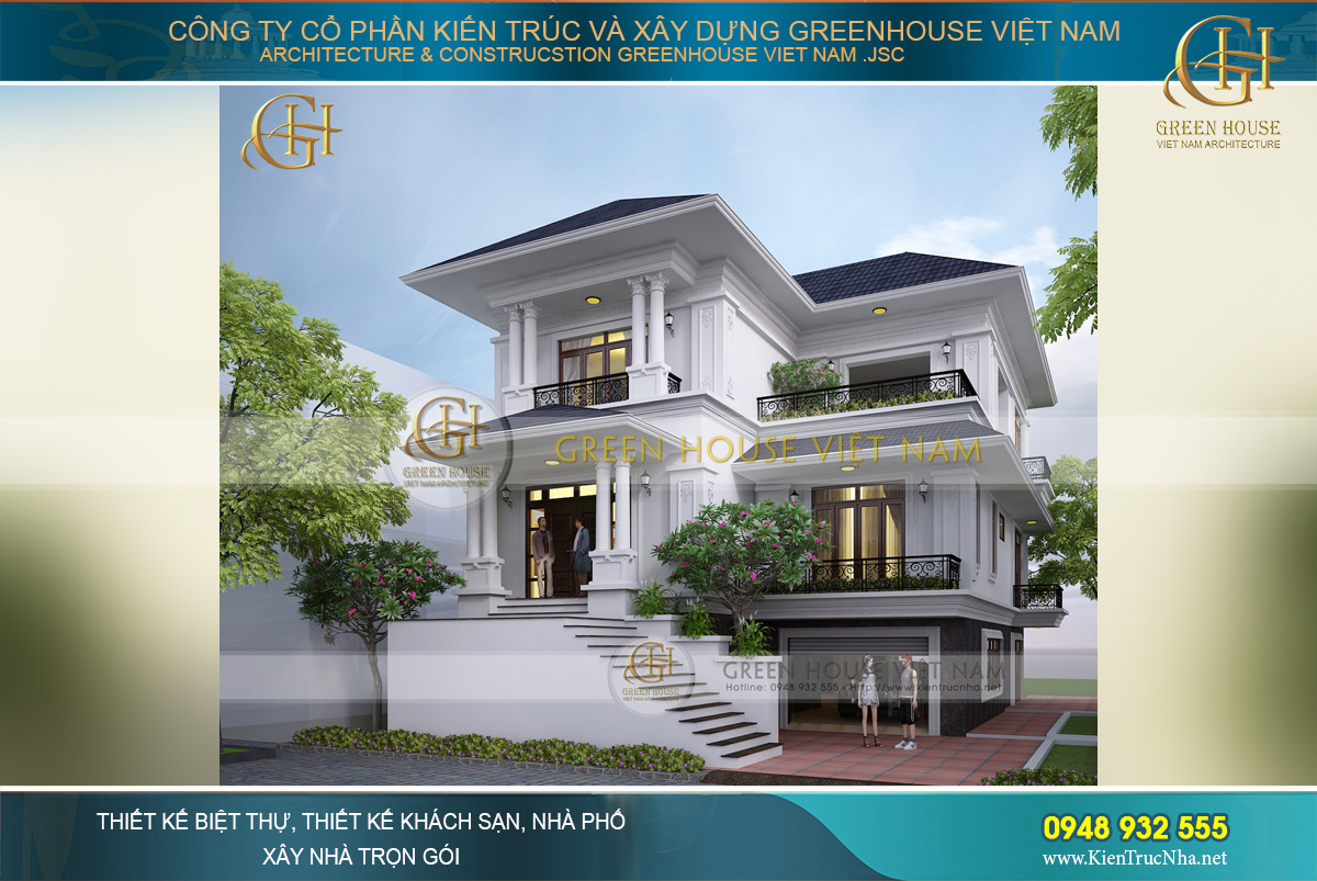 Cầu thang dẫn lên tiểu sảnh tầng 2 với vẻ đẹp tân cổ điển đậm nét