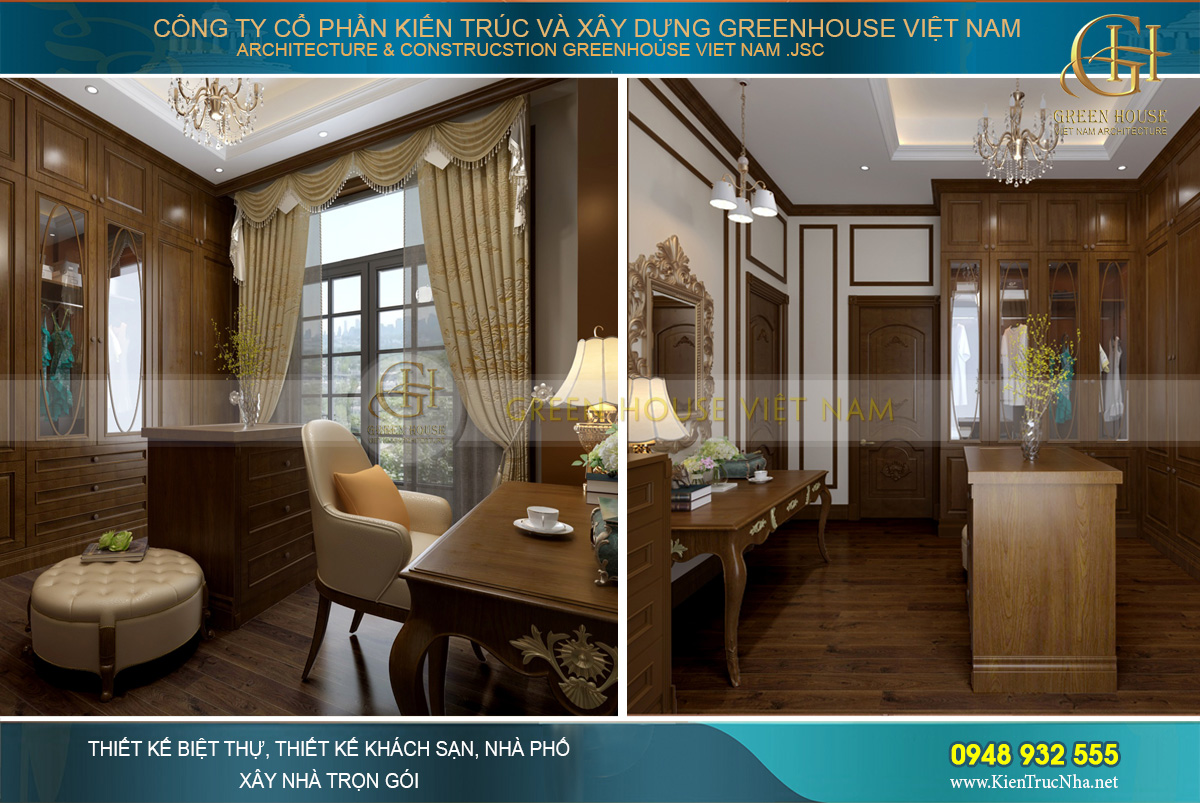 Thiết kế gỗ đồng bộ của bàn trang điểm và các tủ đồ giúp không gian phòng mang vẻ đẹp xứng tầm với phòng ngủ master đẳng cấp