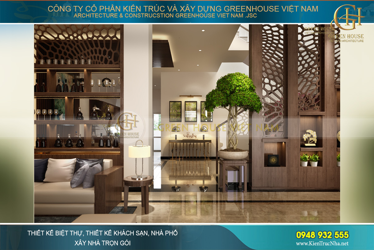 Những bức tường được thay thế bằng tủ đồ, giá để rượu độc đáo, đẹp tinh tế