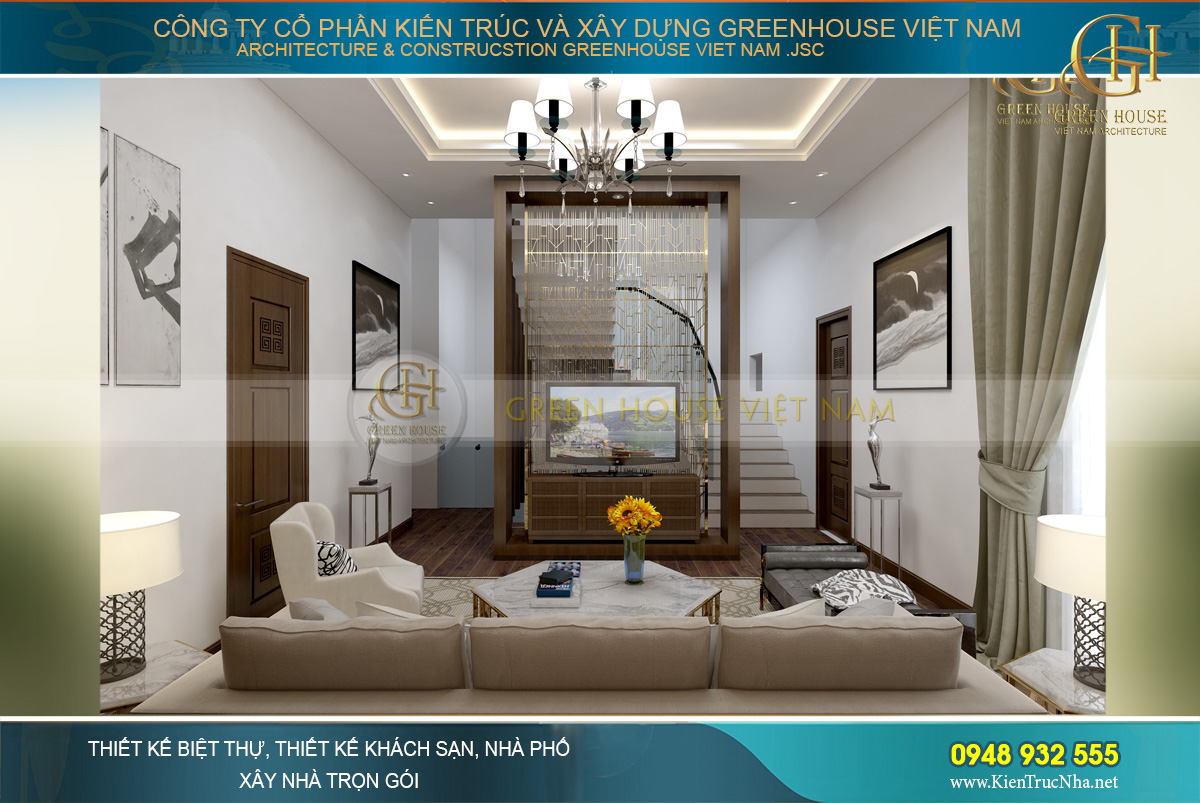 Phòng sinh hoạt chung đặt ở đại sảnh tầng 2 với bức bình phong và kệ TV nhỏ ngăn cách cầu thang