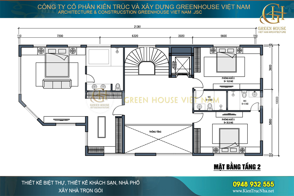 Tầng 2 là khu vực phòng ngủ với 3 phòng ngủ đều được bố trí phòng vệ sinh khép kín riêng
