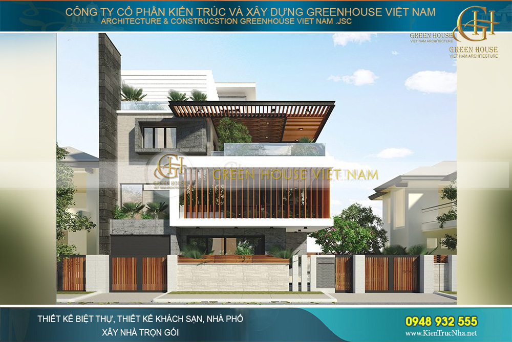 Tầng 2 của biệt thự hiện đại được thiết kế với hệ thống rèm gỗ độc đáo