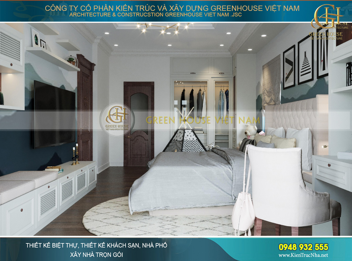 Không gian phòng ngủ con trai không quá lớn, nhiều đồ đạc nhưng được bố trí khoa học, gọn gàng