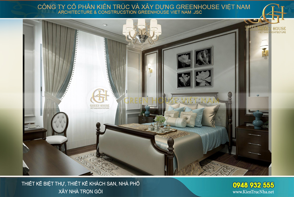 Tone màu xanh pastel trở lại, kết hợp với khá nhiều nội thất gỗ nâu đậm