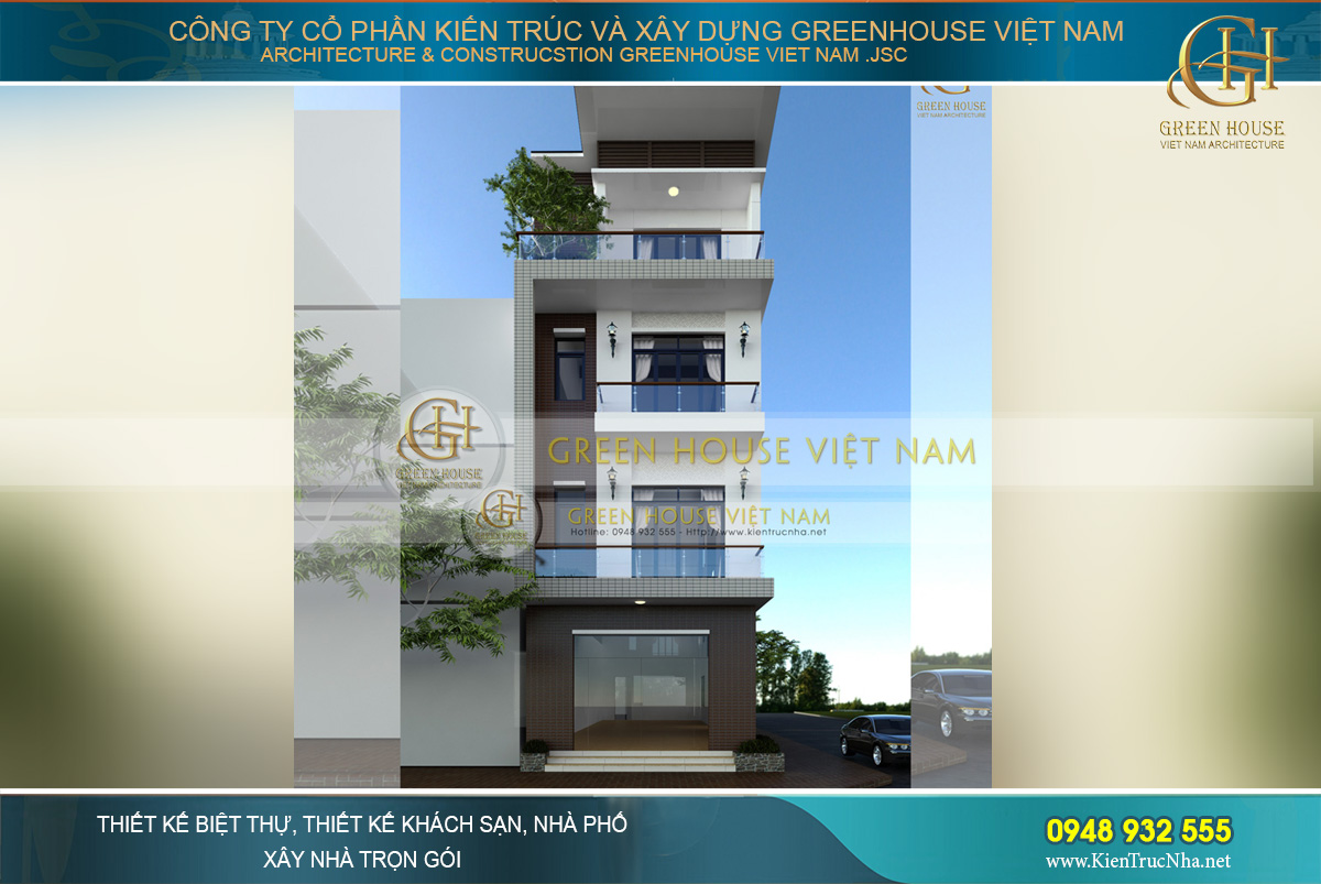 Phối cảnh mặt tiền đẹp hiện đại, duyên dáng của thiết kế nhà phố kết hợp kinh doanh 4 tầng