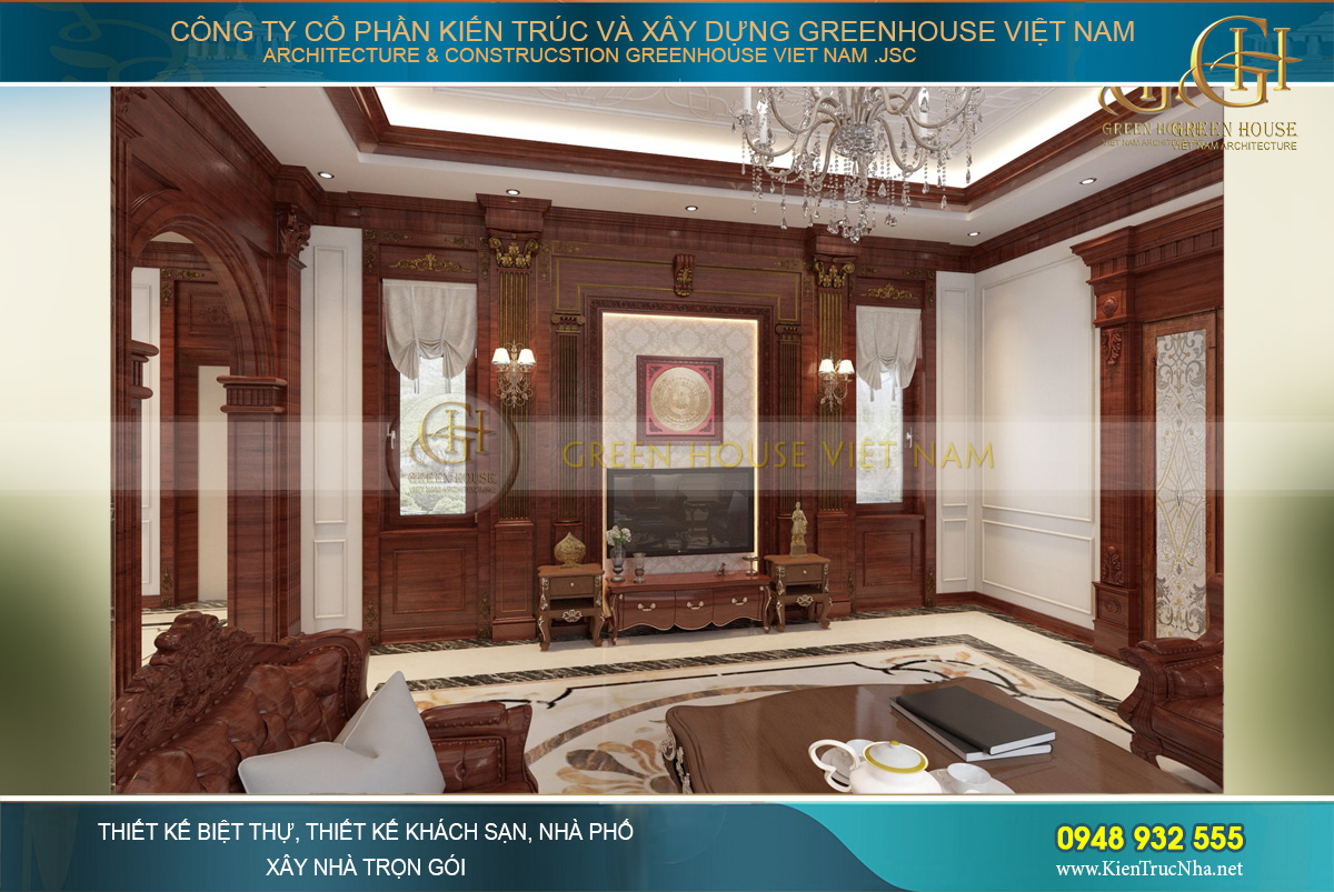 Đối diện là bức tường lớp ốp gỗ với kệ TV thiết kế cổ điển tinh tế