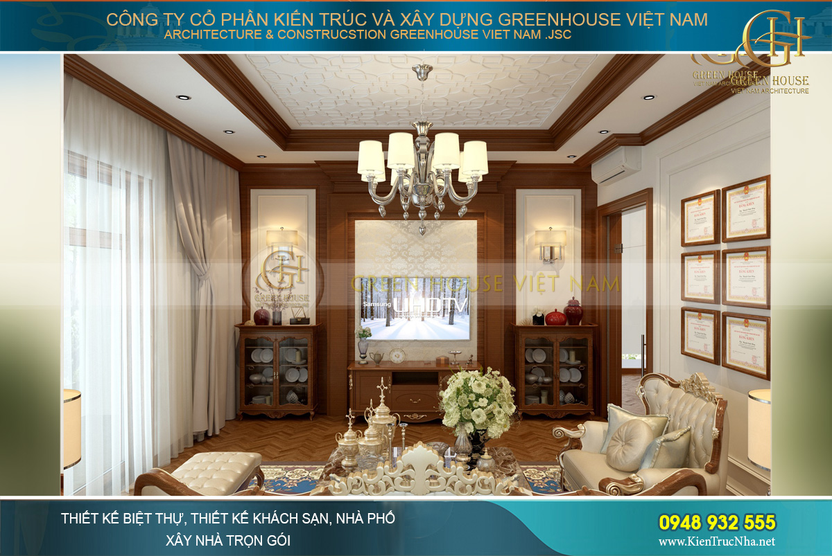 Bộ sofa bọc da cao cấp, đối diện là kệ TV với tủ đựng đồ đồng bộ
