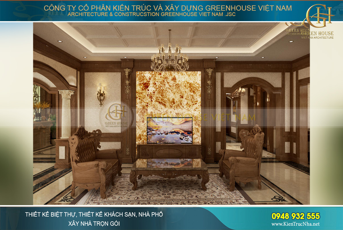 Mẫu thiết kế nội thất biệt thự tân cổ điển với nội thất gỗ đẳng cấp